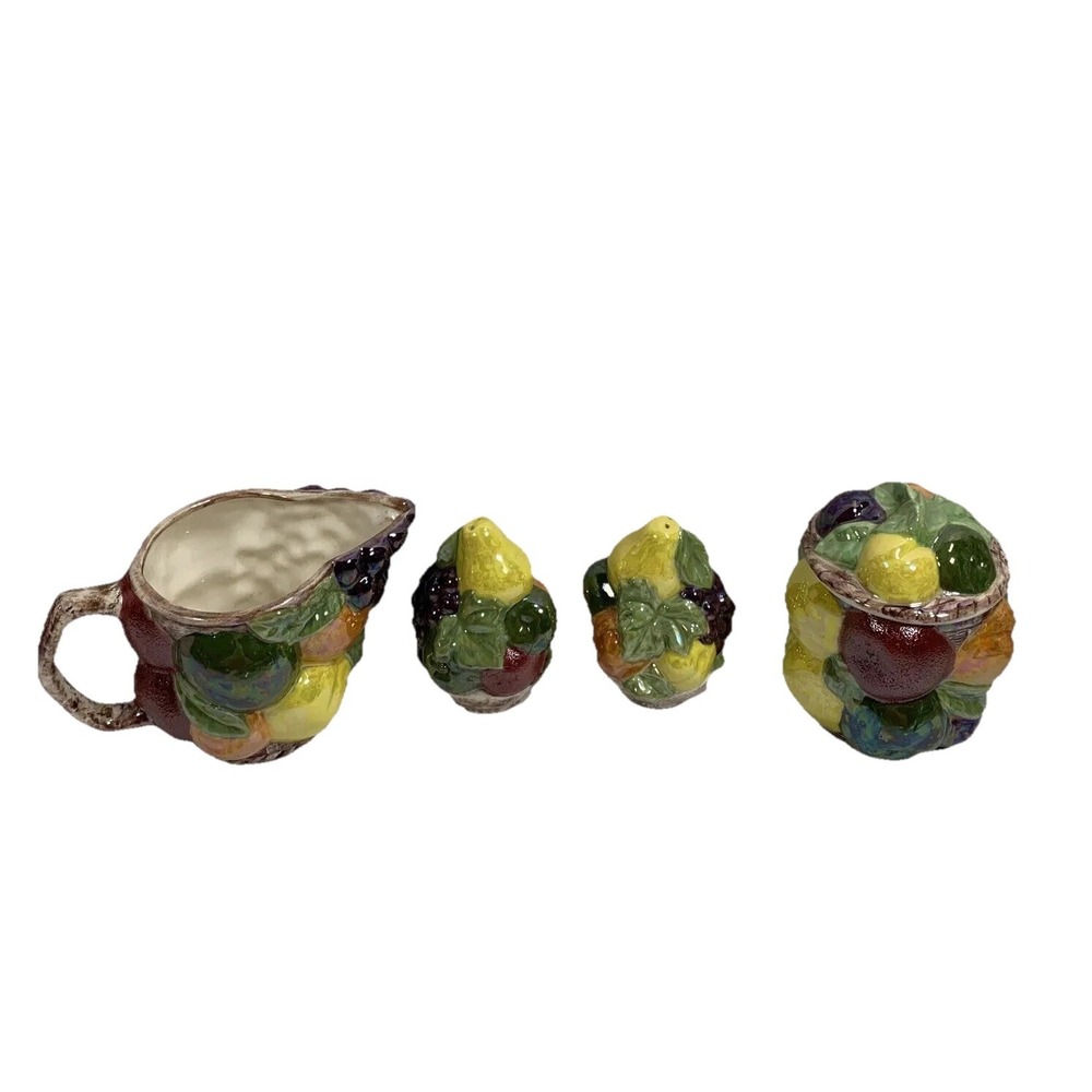 Vintage Fruit Ceramic Pitcher Creamer Sugar Bowl Salt Pepper Shakers Set
